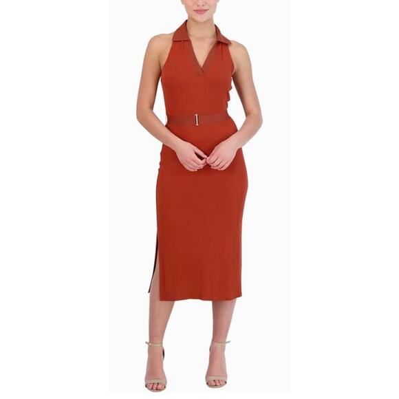 Laundry Sleeveless Belted Knit V Neck Polo Midi Shift Dress in Rust - Size 16 - Picture 1 of 5